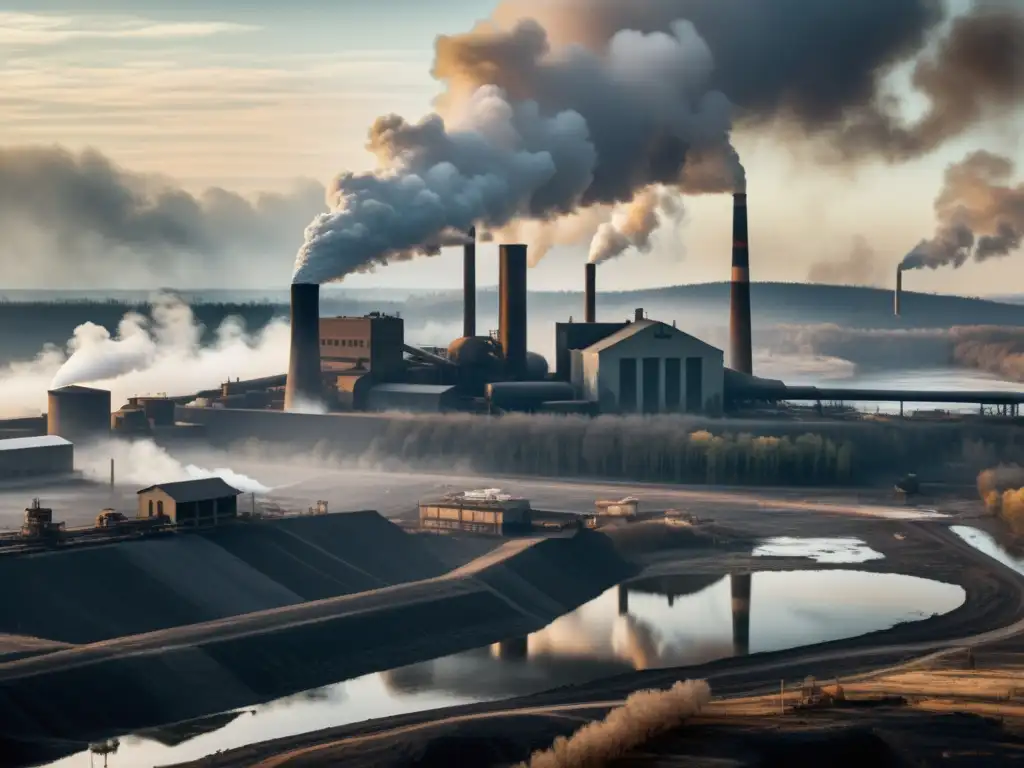 Complejo industrial de papel de carbón rodeado de smog denso, aguas contaminadas y tierras deforestadas