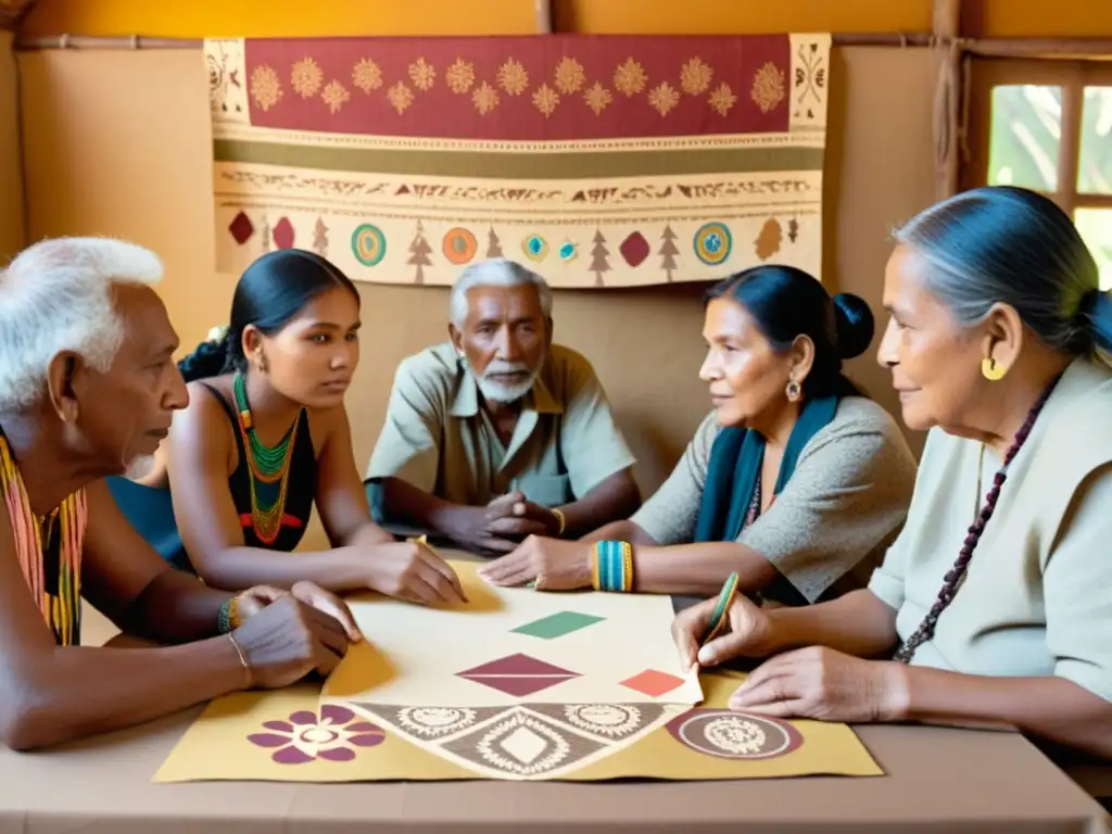 Una comunidad indígena se reúne alrededor de una mesa con papel artesanal colorido, mostrando su cultura y lenguaje