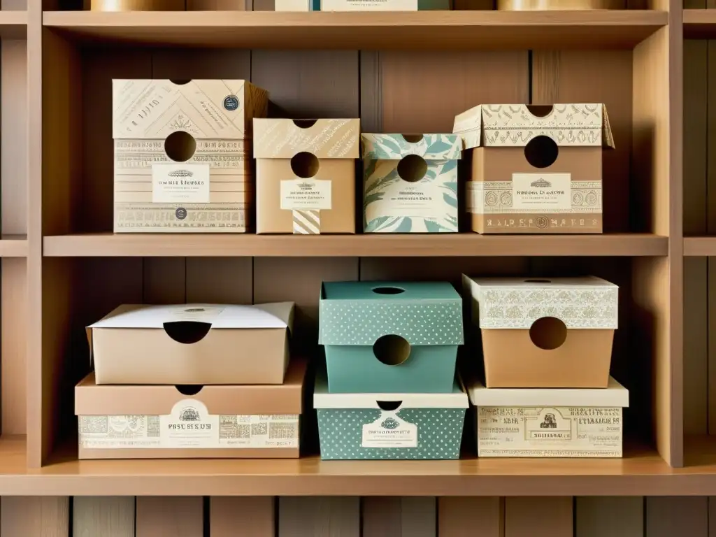 Un conjunto de cajas de empaque de papel vintage, con diseños intrincados y patrones únicos, en estantes de madera envejecida