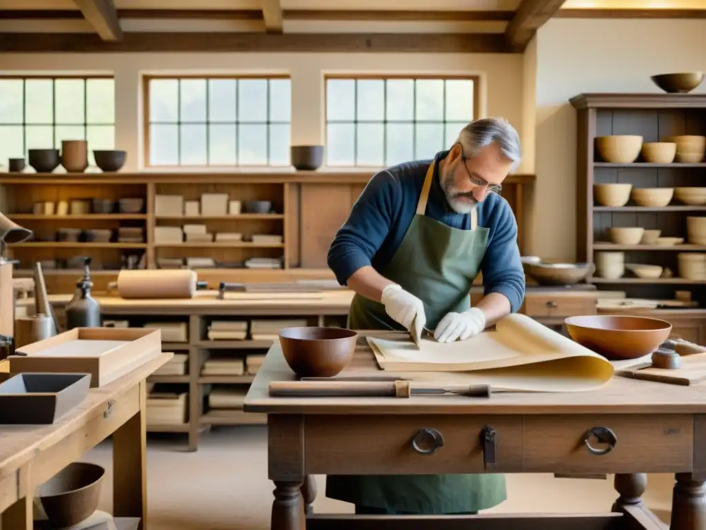 Conmovedora escena de conservación antigua del papel, con artesanos restaurando manuscritos y documentos en un taller vintage