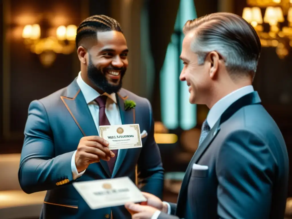 Consejos uso estratégico tarjetas visita: Dos profesionales intercambian elegantes tarjetas en un evento de networking sofisticado