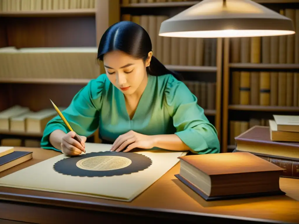 Conservador restaurando arte en papel con técnicas innovadoras, rodeado de libros antiguos y equipo de preservación en cálida iluminación