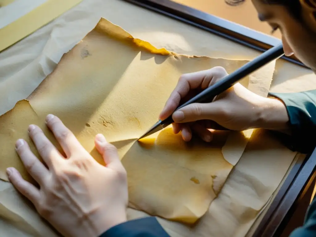 Un conservador restaura con cuidado una antigua obra de arte en papel, evocando la esencia de la restauración de arte y papel