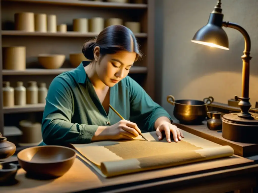 Un conservador restaura con cuidado un antiguo manuscrito en sepia, evocando la conservación antigua del papel