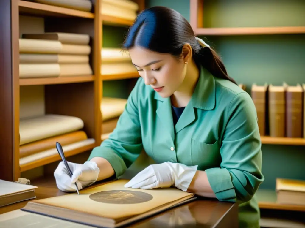 Un conservador habilidoso restaura con técnicas innovadoras una obra de arte en papel, rodeado de libros antiguos y una atmósfera nostálgica