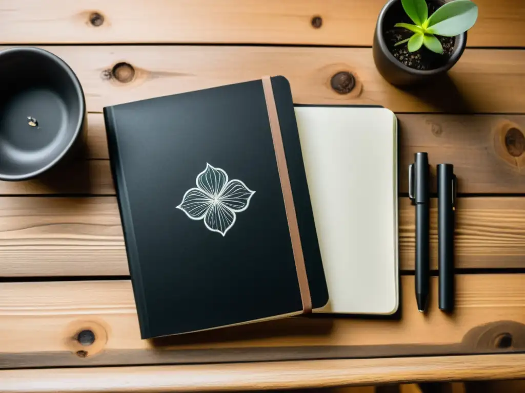 Un cuaderno de papel negro muestra diseños contemporáneos en tinta blanca sobre un escritorio de madera rústica, iluminado suavemente