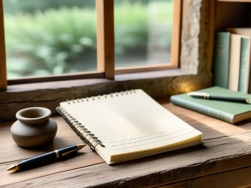 Cuaderno de piedra vintage: escritura a mano y nostalgia eco-amigable Un cuaderno de papel de piedra sostenible abierto en un escritorio rústico con luz natural filtrada