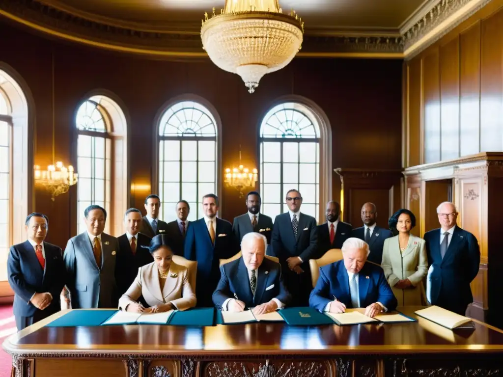 Delegados de diferentes países firmando un tratado internacional en una estancia llena de muebles antiguos