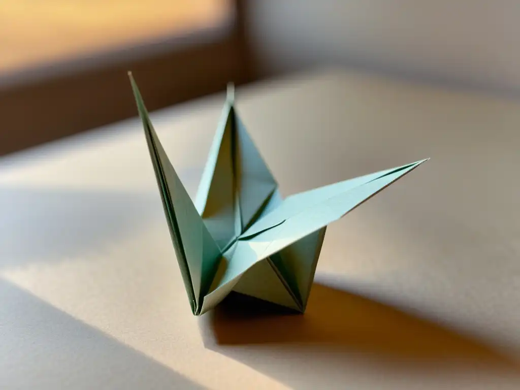 Un delicado origami de grulla en papel reciclado, resaltando la artesanía y sostenibilidad del papel reciclado para origami sostenible