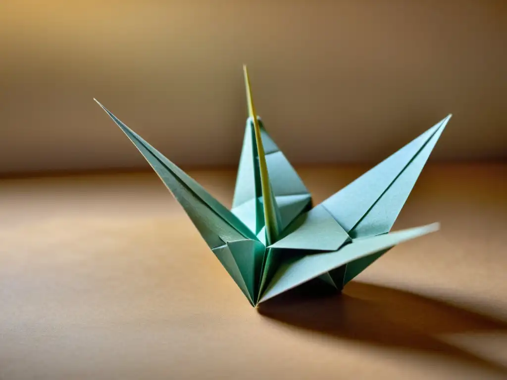 Un delicado origami de grulla plegada con papel vintage, destaca por sus detalles y textura envejecida