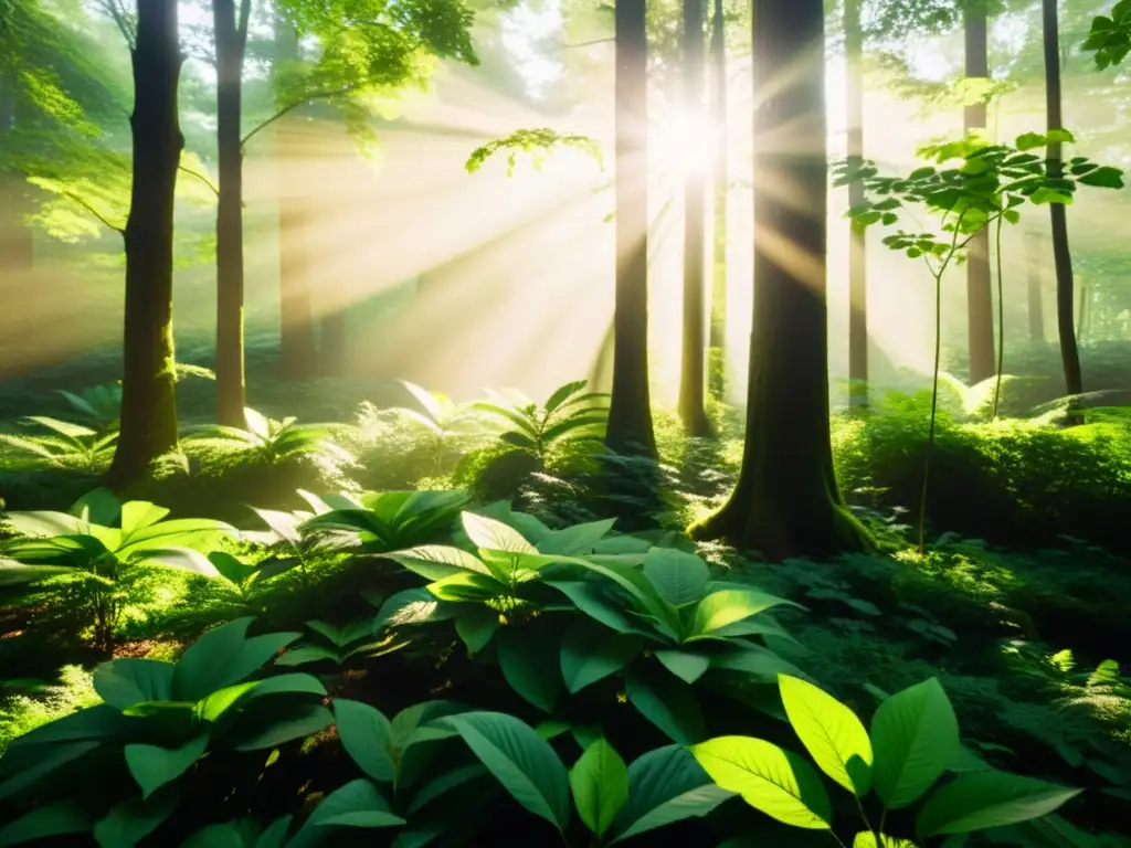 Una fotografía vintage de un denso bosque con luz solar filtrándose entre las hojas, creando sombras moteadas en la exuberante vegetación