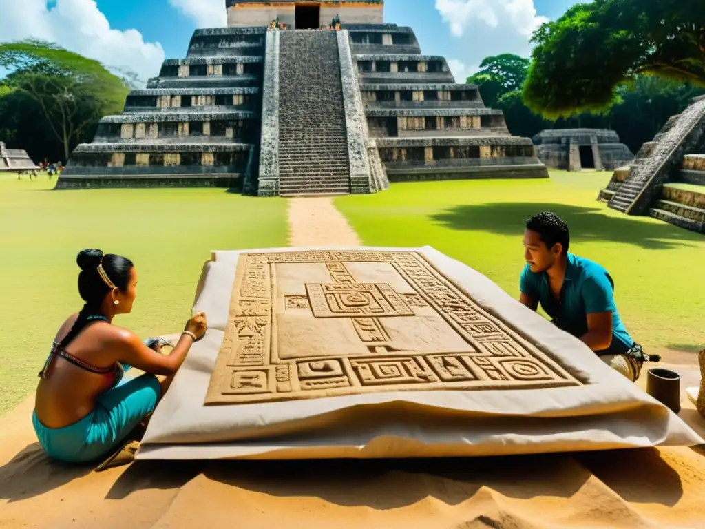 Descubrimiento de papel amate en rituales funerarios mayas, iluminado por cálida luz dorada