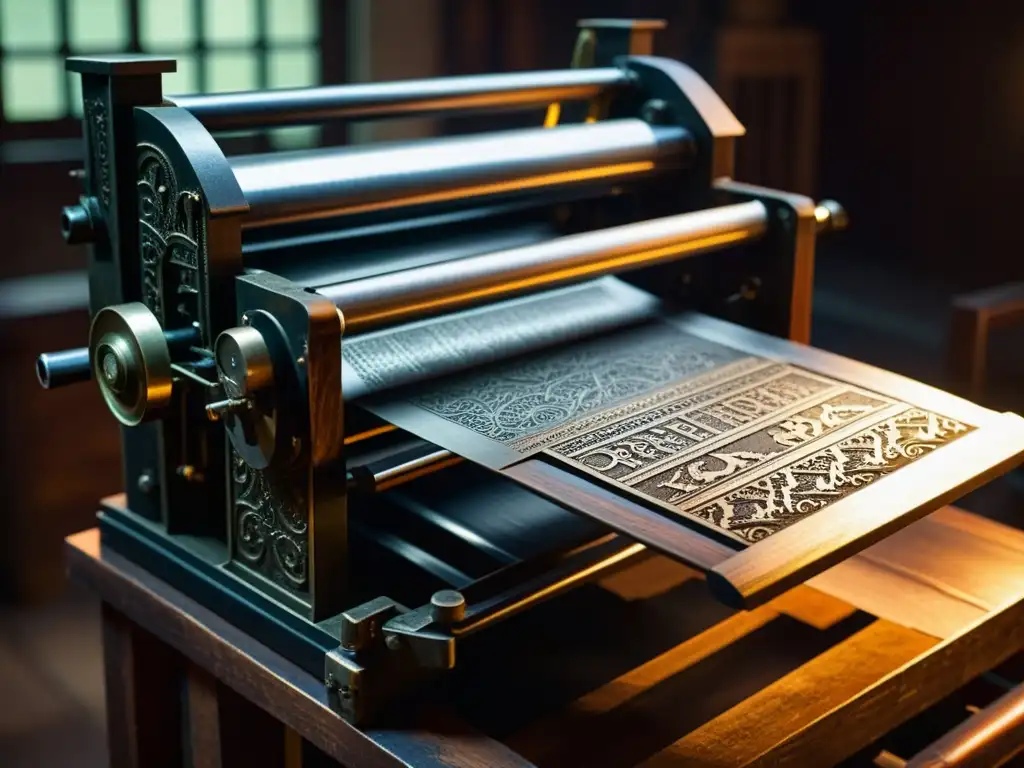 Antigua prensa de imprenta: detallada belleza vintage Detallada fotografía de una antigua prensa de imprenta en un estudio atmósferico