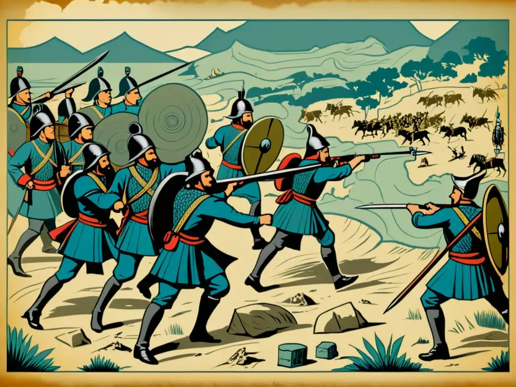 Detallada ilustración vintage de una escena de batalla antigua, con soldados usando mapas y pergaminos de papel para estrategia y comunicación, destacando el impacto cultural y tecnológico del papel en la guerra ancestral