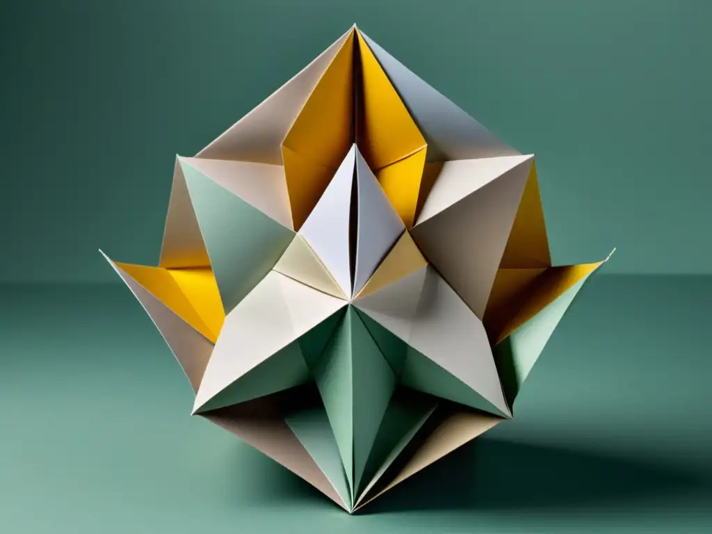 Detallada escultura de origami moderno en papel, con pliegues precisos y diseño abstracto