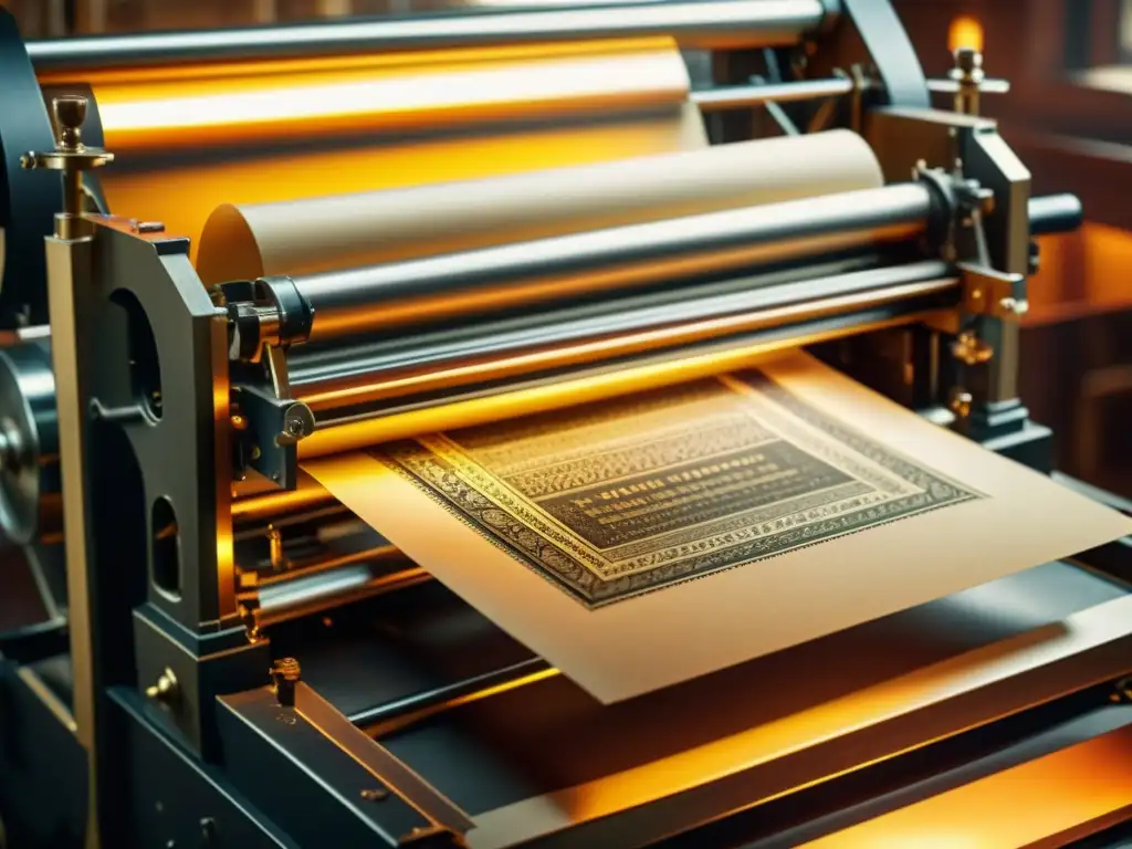 Detallada impresión vintage en acción: artesanía y lujo en 8k Detallada imagen 8k de una antigua prensa en acción, con partes mecánicas en movimiento y papel de alta calidad siendo impresionado