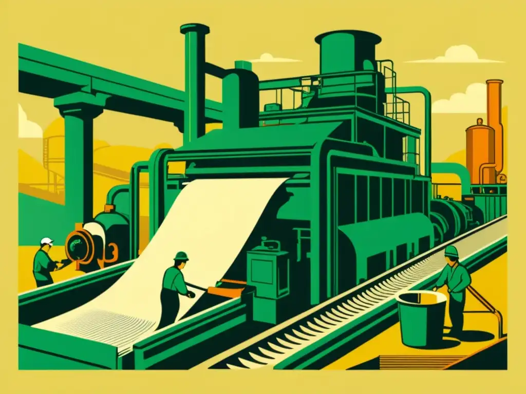 Detallada ilustración vintage de un molino de papel con procesos innovadores de desintoxicación del papel usado, mostrando las etapas del reciclaje