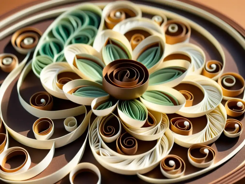 Detallada obra de quilling con papel en tonos marrones, con intrincados bucles, espirales y un diseño que evoca una flor