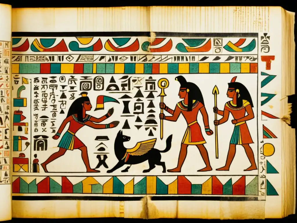 Detallado códice precolombino en papel antiguo, con jeroglíficos e ilustraciones de la vida diaria y rituales antiguos en América