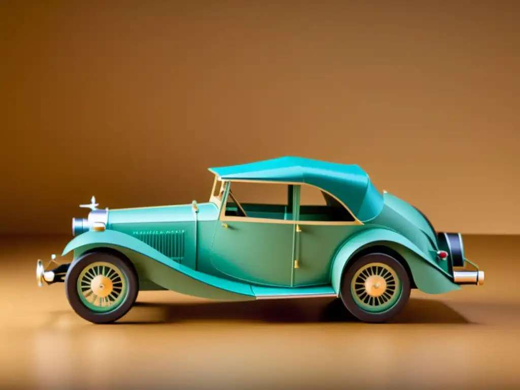 Un detallado modelo papercraft 3D realista de un clásico coche, con un fondo vintage y cálida iluminación evocando nostalgia y artesanía