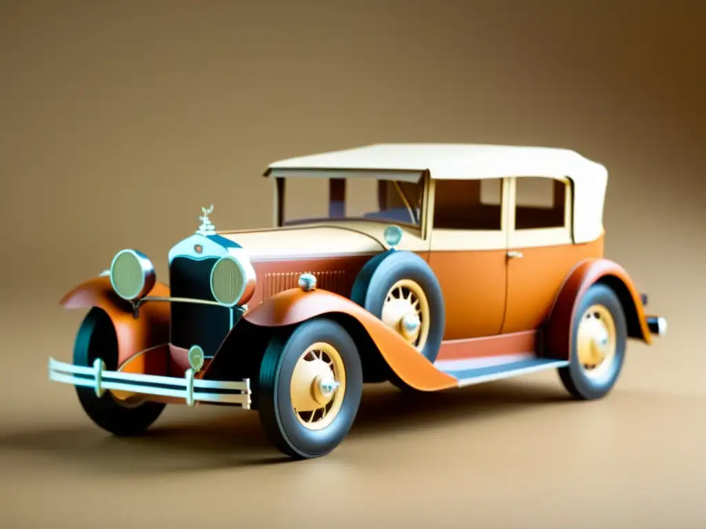 Detallado modelo papercraft 3D realista de coche clásico, con tonos cálidos y pliegues meticulosos, evocando nostalgia y habilidad artística