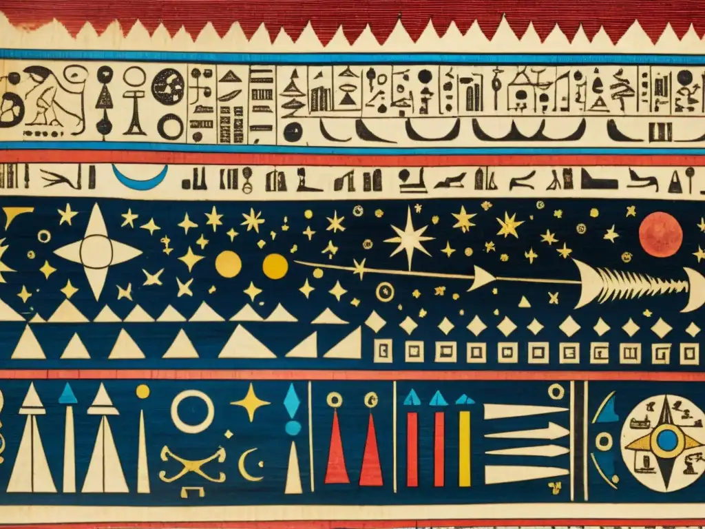 Detallado papiro precolombino de astrología y astronomía con intrincados diagramas y símbolos en tonos rojos, amarillos y azules, que muestra la rica herencia de la era precolombina