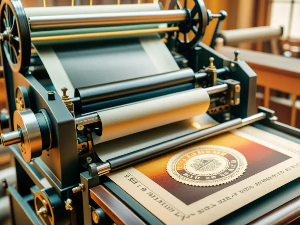 Detalle de una antigua prensa de impresión en acción con una paleta de colores cálidos que resalta el valor del arte en papel edición limitada