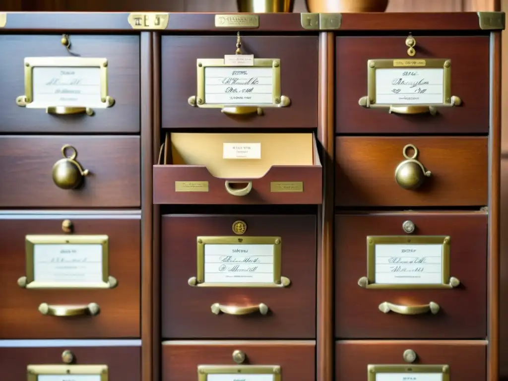 Detalle de un antiguo archivador de madera con etiquetas manuscritas, evocando la privacidad de documentos físicos en la era digital