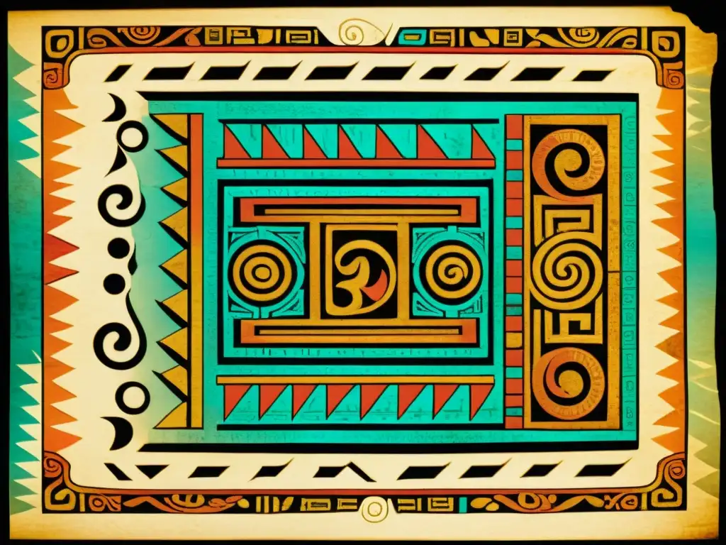 Detalle de un antiguo códice maya o azteca, con colores vibrantes y textura envejecida