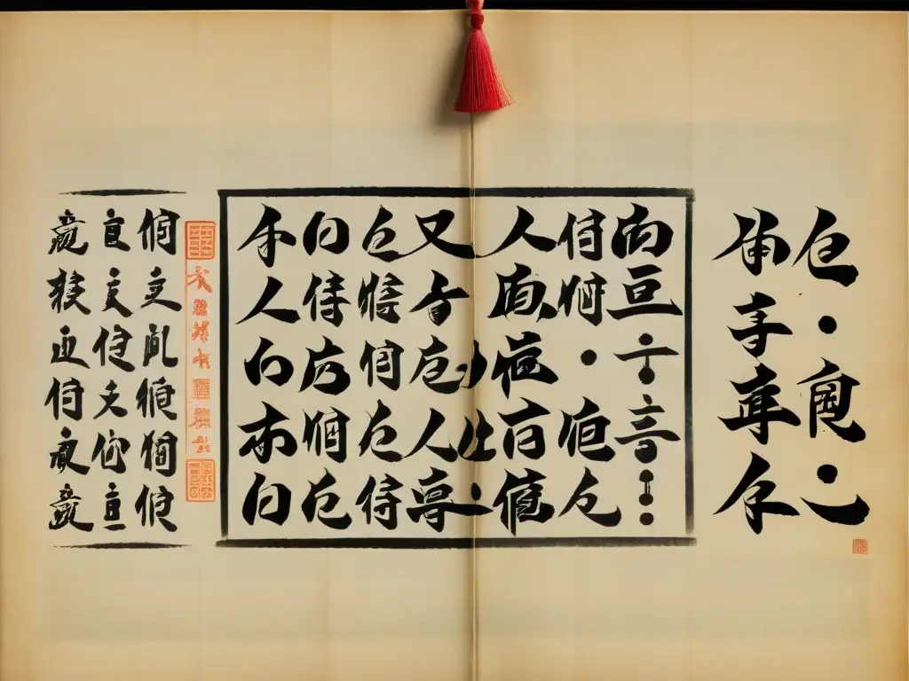 Detalle de un antiguo manuscrito de papel chino con caligrafía y acuarelas tradicionales, evocando la belleza atemporal de la cultura china