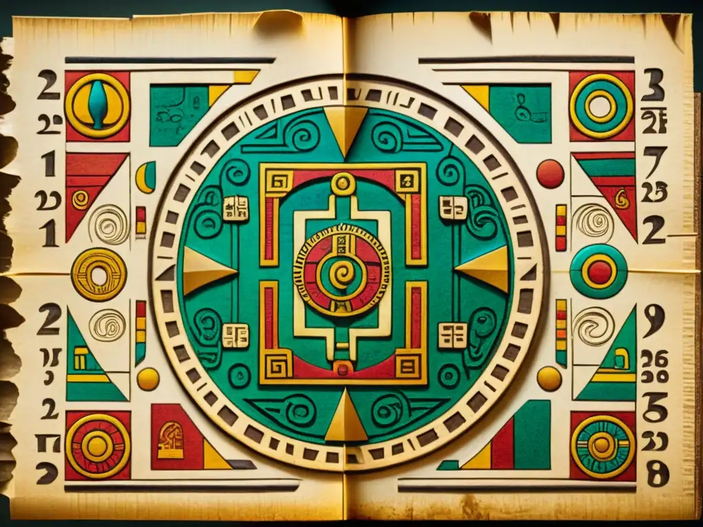 Detalle de un códice maya en papel de corteza, con colores vibrantes y símbolos intrincados que muestran el calendario, rituales y vida diaria de la antigua civilización