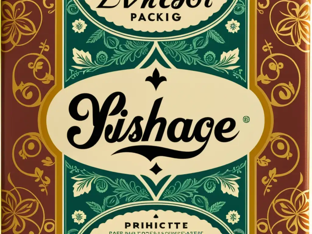 Detalle de diseño de empaques de papel vintage con patrones intrincados y colores desgastados, evocando elegancia y nostalgia