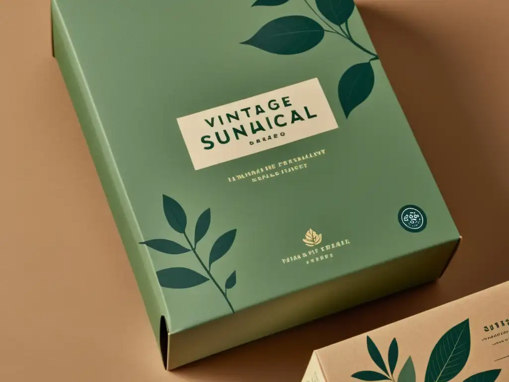 Detalle de diseño vintageinspirado de Innovaciones papel embalaje sostenible, con ilustraciones botánicas y tipografía elegante en papel texturizado