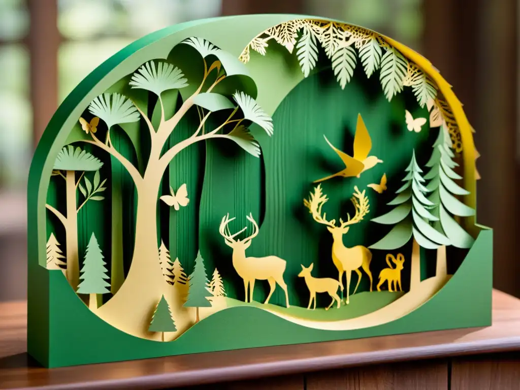 Detalle de escultura de papel con escena de bosque en mesa de madera