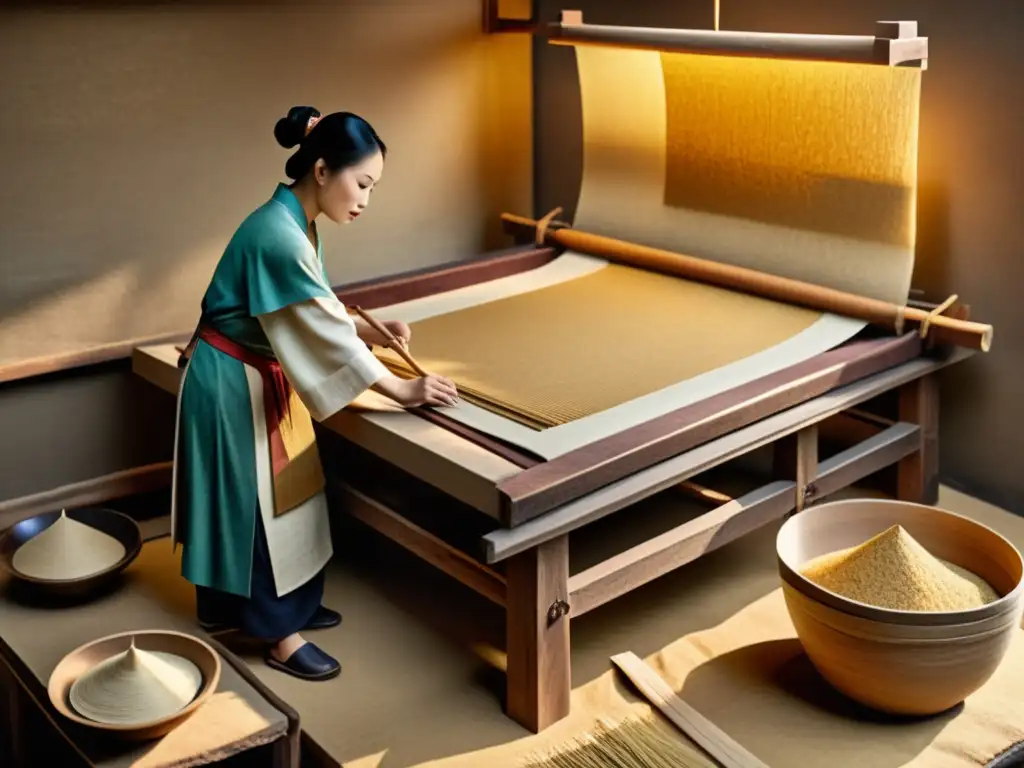 Detalle ilustrado del antiguo proceso chino de fabricación de papel, con trabajadores elaborando papel a partir de pulpa de morera, mostrando métodos y herramientas tradicionales