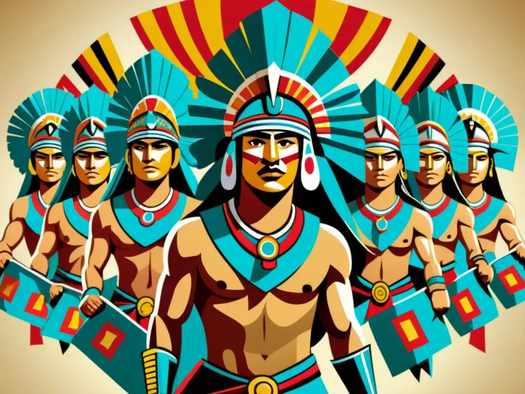 Detalle ilustrado de guerreros aztecas con estandartes de papel, mostrando su uso estratégico en guerras con autenticidad histórica