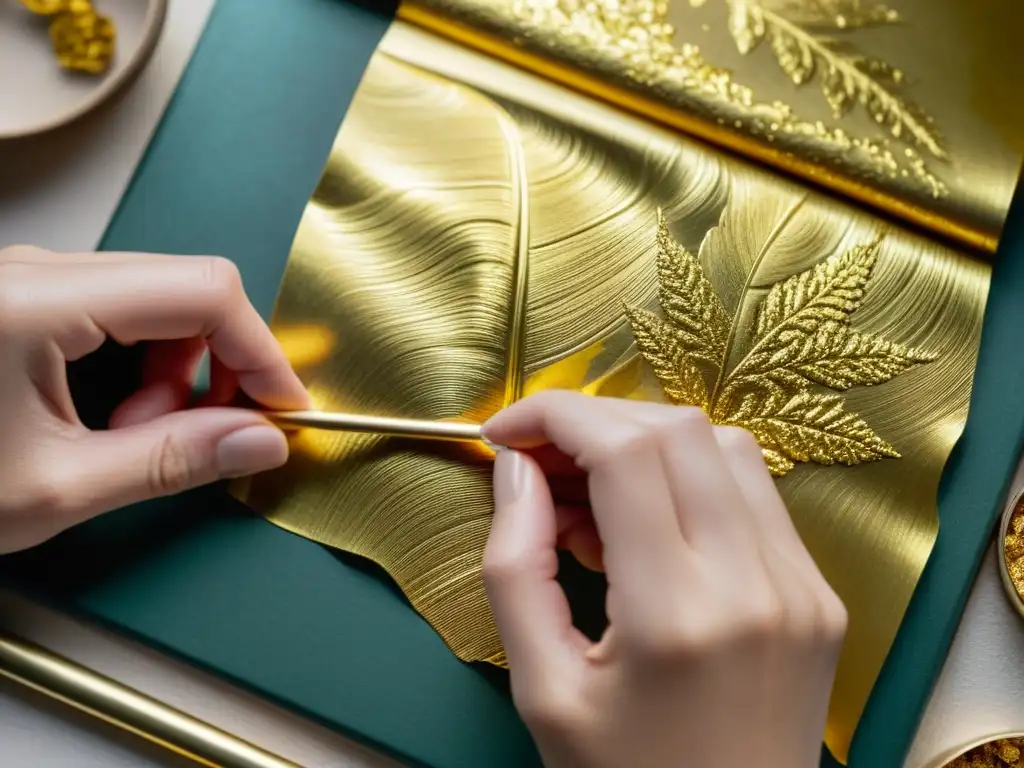 Aplicación delicada de hoja de oro en arte Detalle de manos expertas aplicando papeles metalizados en arte, capturando la elegancia atemporal y la artesanía