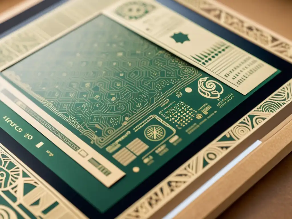 Detalle de pantalla de papel electrónico vintage con ilustraciones de tecnología sostenible en tonos terrosos