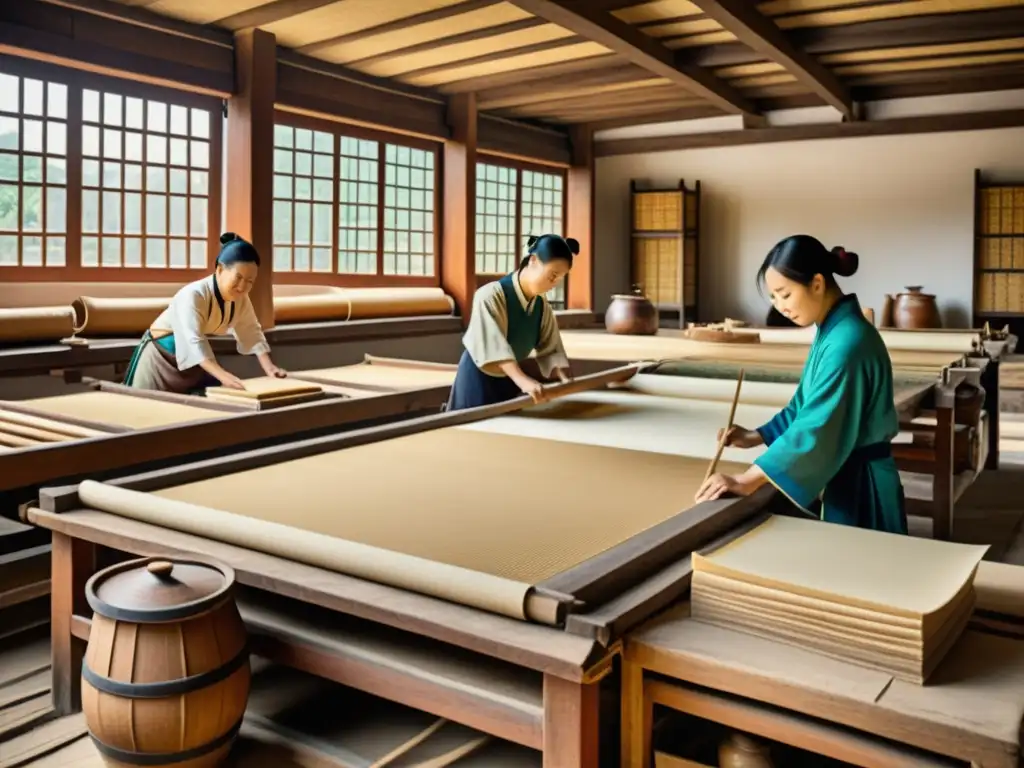 Detalle de ilustración vintage de la fabricación de papel en China antigua, con trabajadores artesanales en un taller tradicional rodeados de grandes tinas de pulpa y marcos de madera para secado