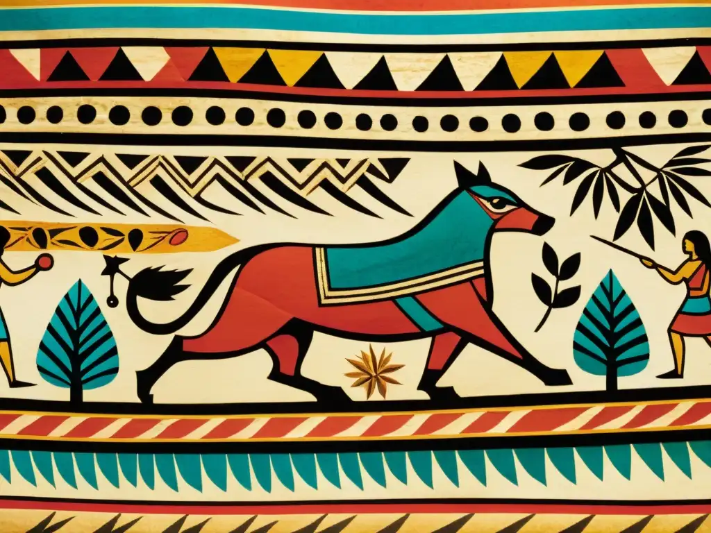 Arte precolombino: papel antiguo con símbolos y escenas Detalle de papel precolombino con intrincados diseños y colores vibrantes, mostrando escenas de la vida diaria y rituales culturales