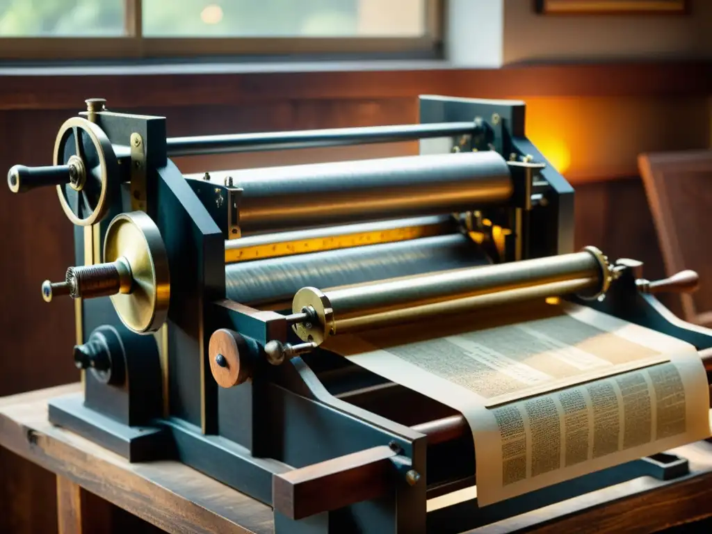 Detalle de una prensa de imprenta vintage en estudio tenue, con luz dorada cálida