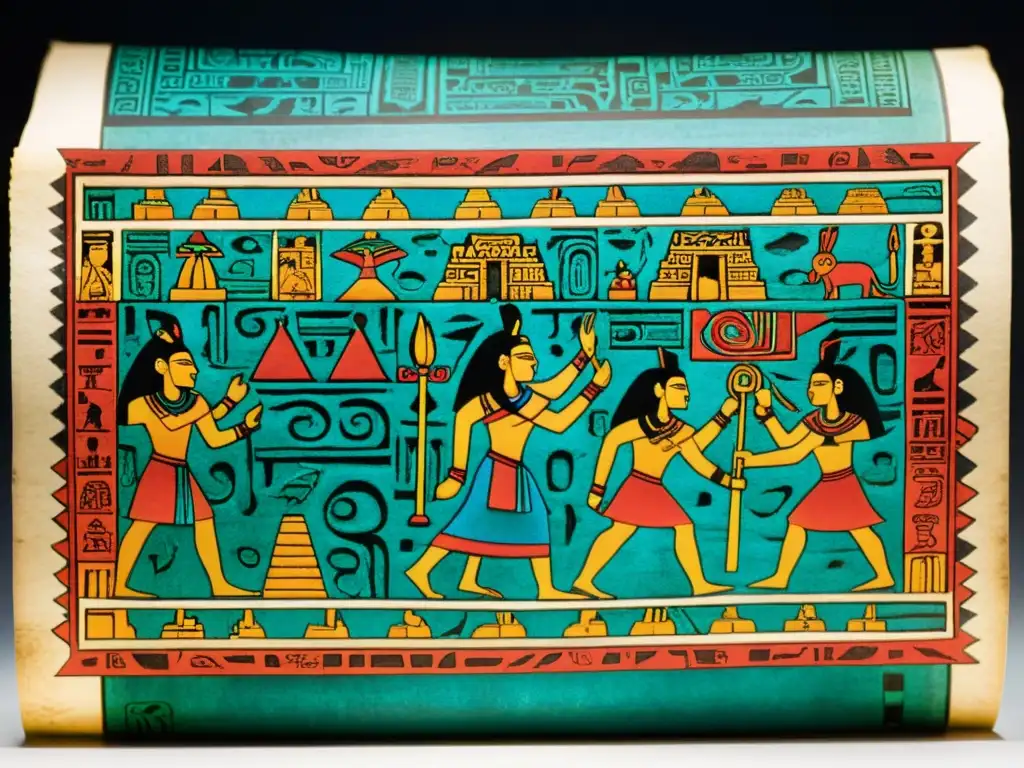 Detalle sagrado del codex maya: conexión espiritual con la naturaleza en papel antiguo