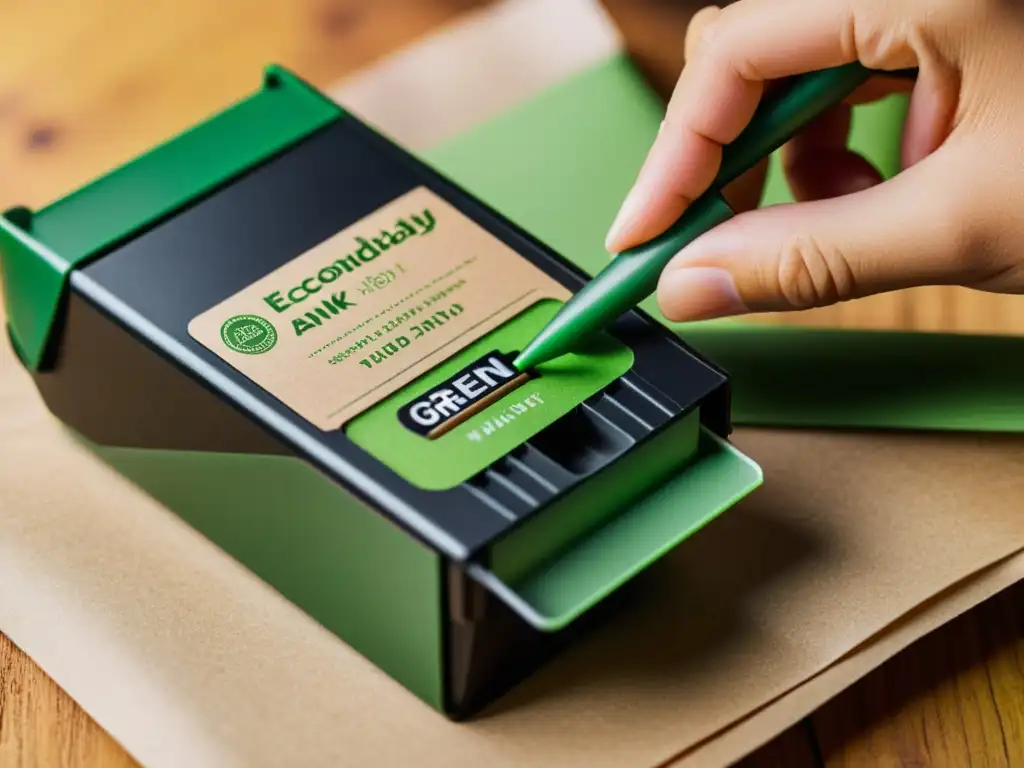Recarga de tinta ecológica: Detalles vintage en verde Detalle vintage de cartucho de tinta verde ecológica con sello de certificación en envase, evocando nostalgia y artesanía eco
