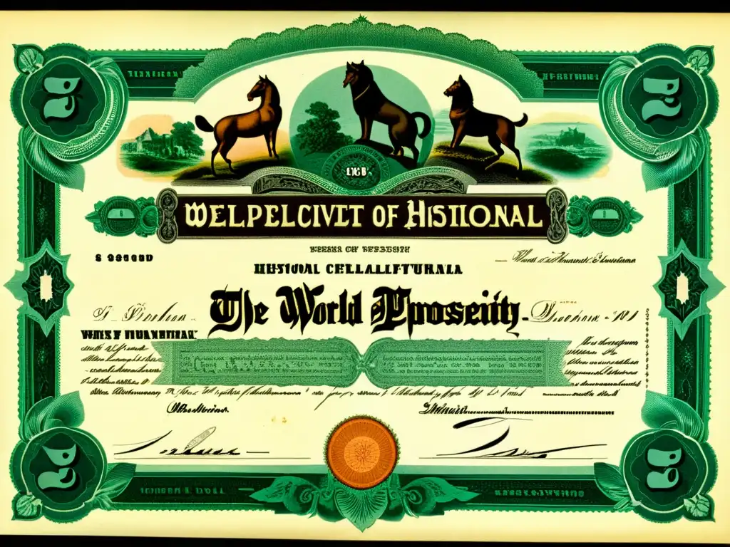 Certificado histórico de bono, detalle vintage Detalle vintage de un certificado histórico bien conservado, con engravings y caligrafía, colores vibrantes y un sentido de importancia en finanzas