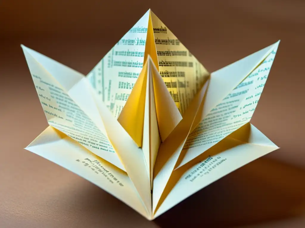 Detalles de un antiguo origami de papel plegado con precisión, mostrando nuevas dimensiones y delicadeza artesanal