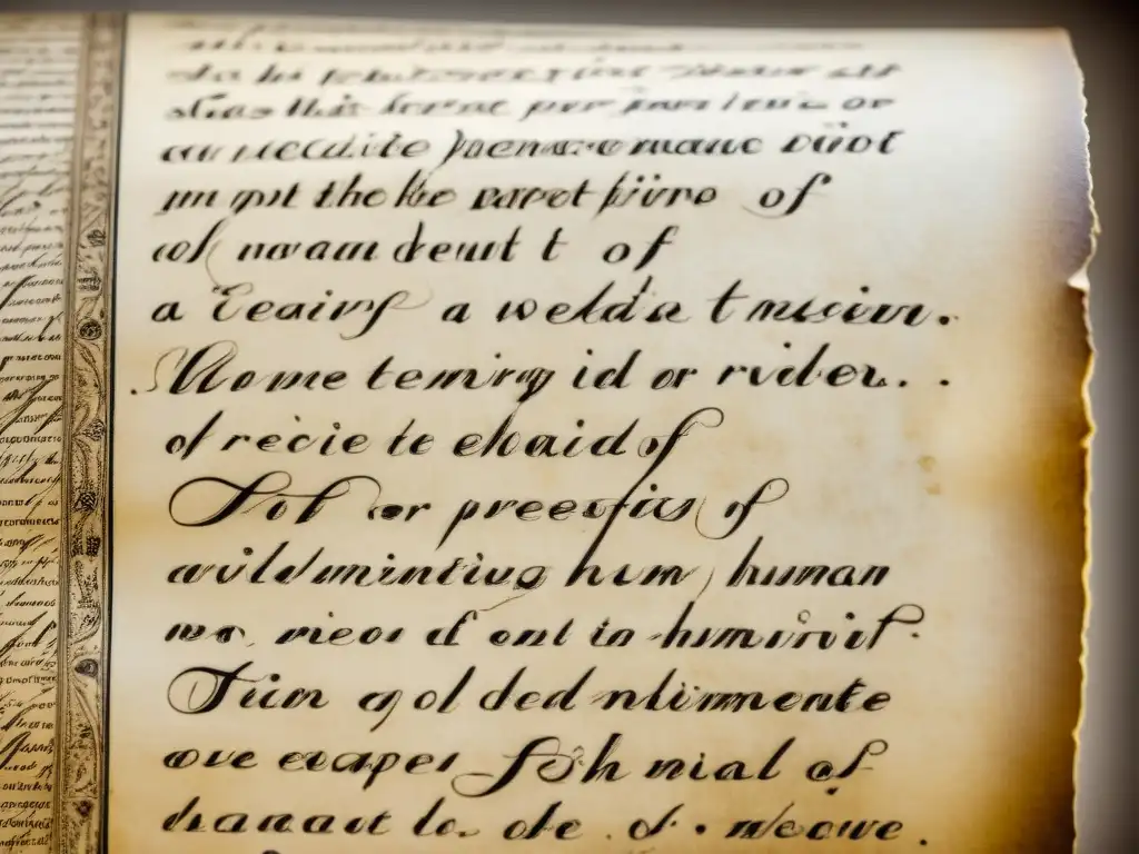 Detalles intrincados en pergamino envejecido con escritura a tinta desvanecida, evocando historia y tradición en la evolución del papel en historia