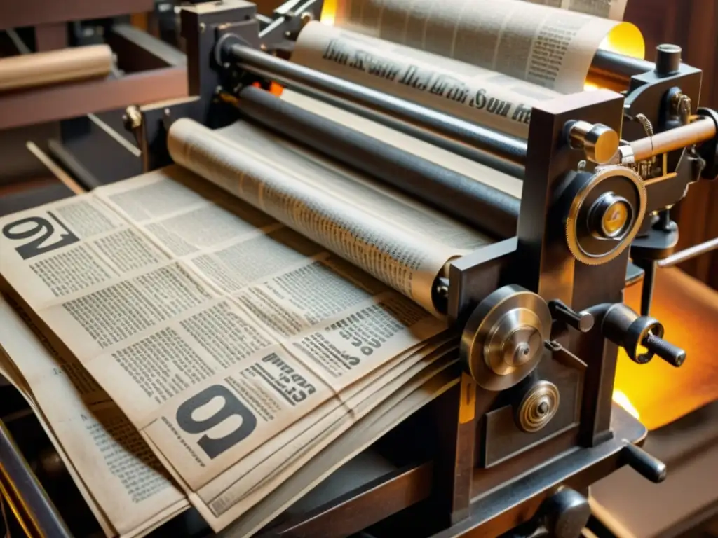 Adaptación de diarios y revistas: Antigua imprenta en acción, con prensa letterpress, papel sepia y ambiente cálido y nostálgico