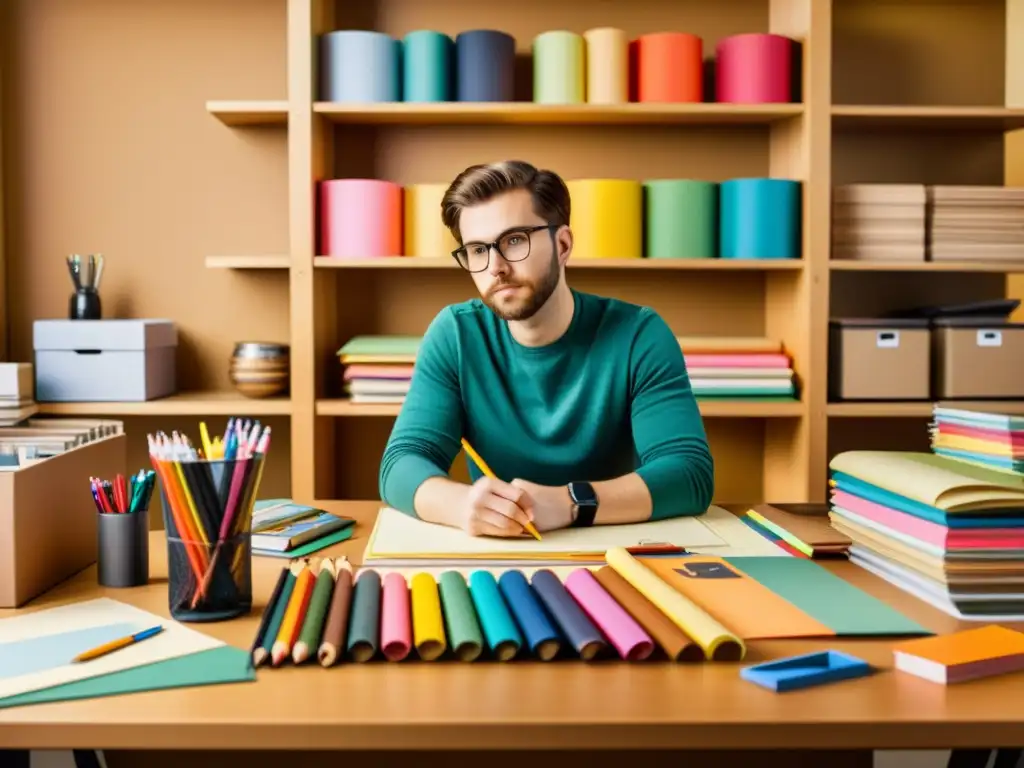 Un diseñador gráfico crea una ilustración a mano rodeado de papel y herramientas, evocando la relevancia del papel en el diseño gráfico contemporáneo