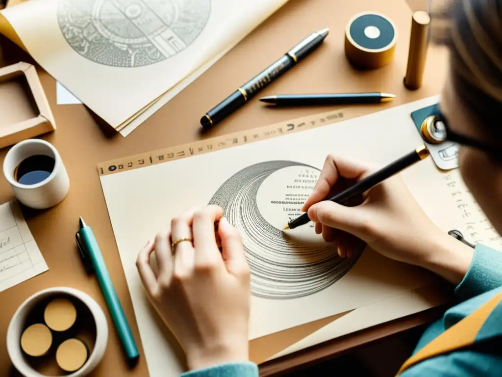 Un diseñador gráfico esboza con meticulosidad una idea en papel de alta calidad, rodeado de herramientas tradicionales