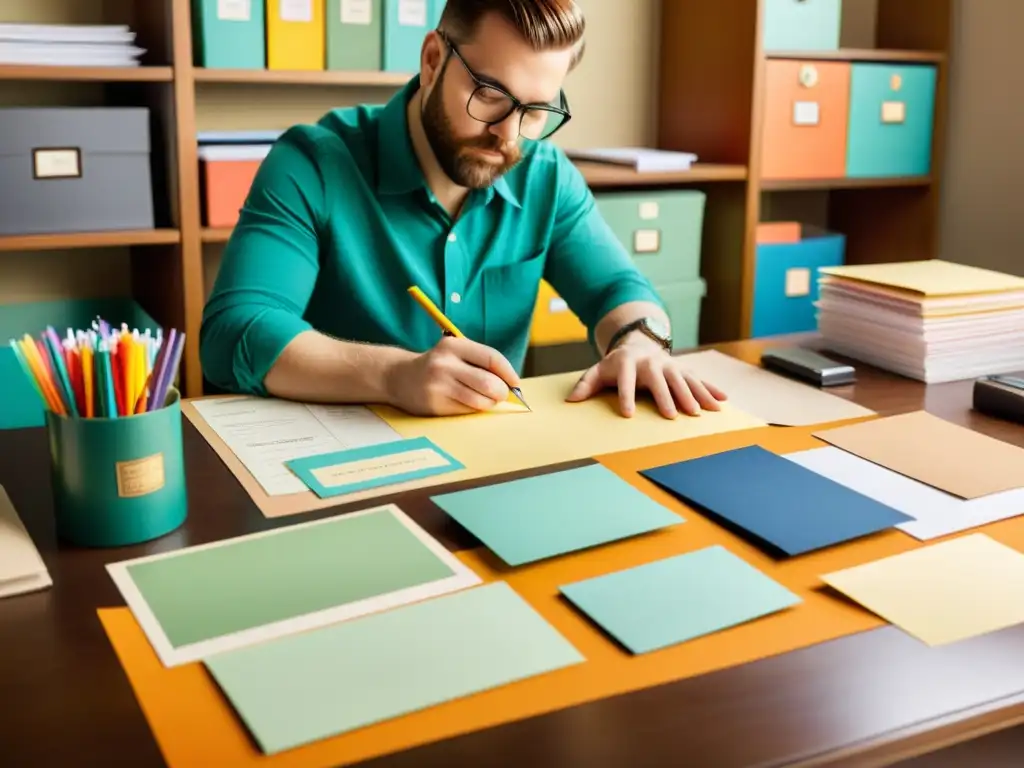 Un diseñador gráfico crea papelería de negocios vintage con meticulosidad y dedicación artesanal, rodeado de herramientas y papeles coloridos